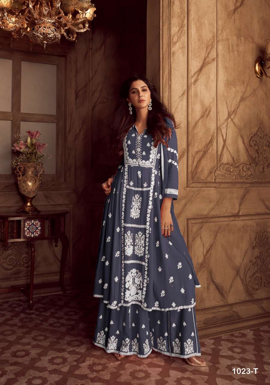 LAKHNAVI VOL 4 DARK LIST HEAVY RAYON LAKHNAWI WORK KURTI WITH PLAZZO AND DUPATTA BY S3FOREVER BRAND 1023 T